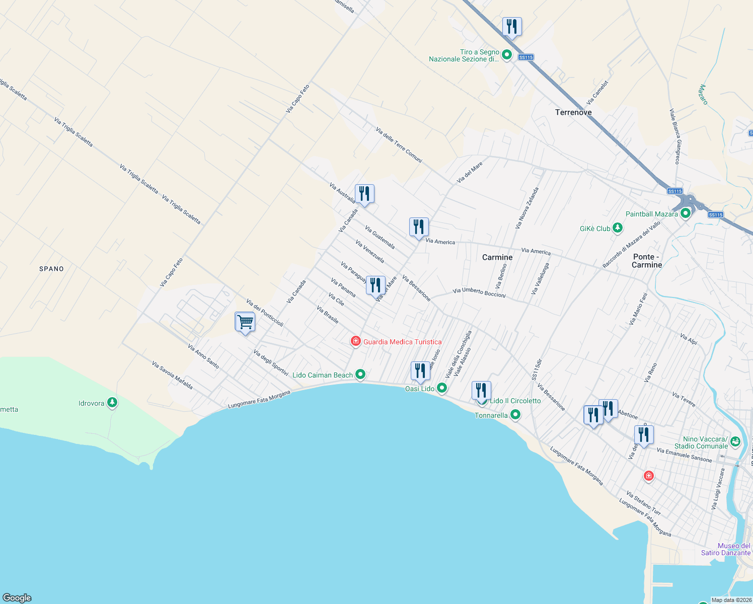map of restaurants, bars, coffee shops, grocery stores, and more near 8 Via G. D'Ancona in Mazara del Vallo