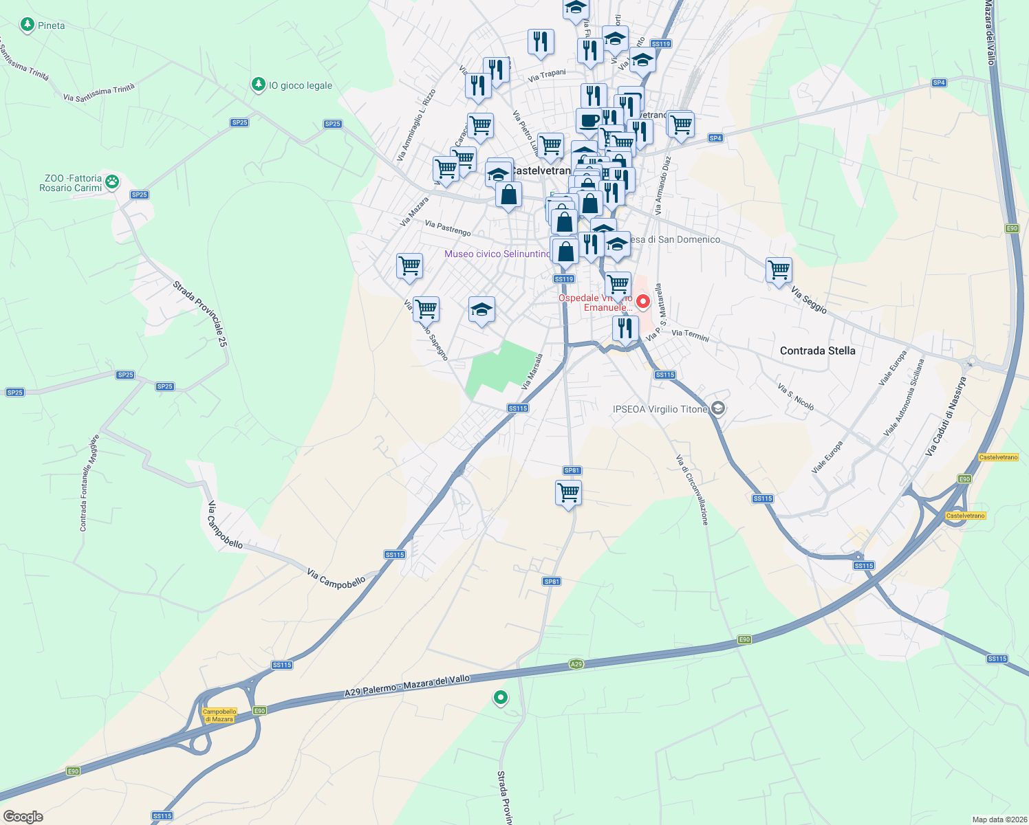 map of restaurants, bars, coffee shops, grocery stores, and more near 142 Via Campobello in Castelvetrano