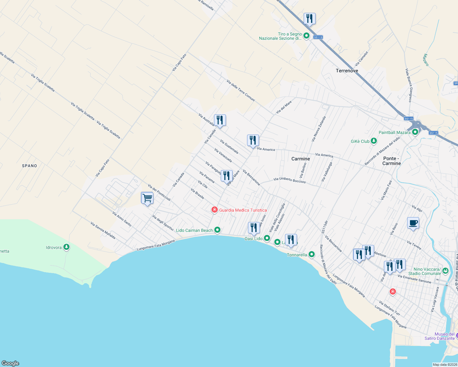 map of restaurants, bars, coffee shops, grocery stores, and more near 245 Via del Mare in Mazara del Vallo