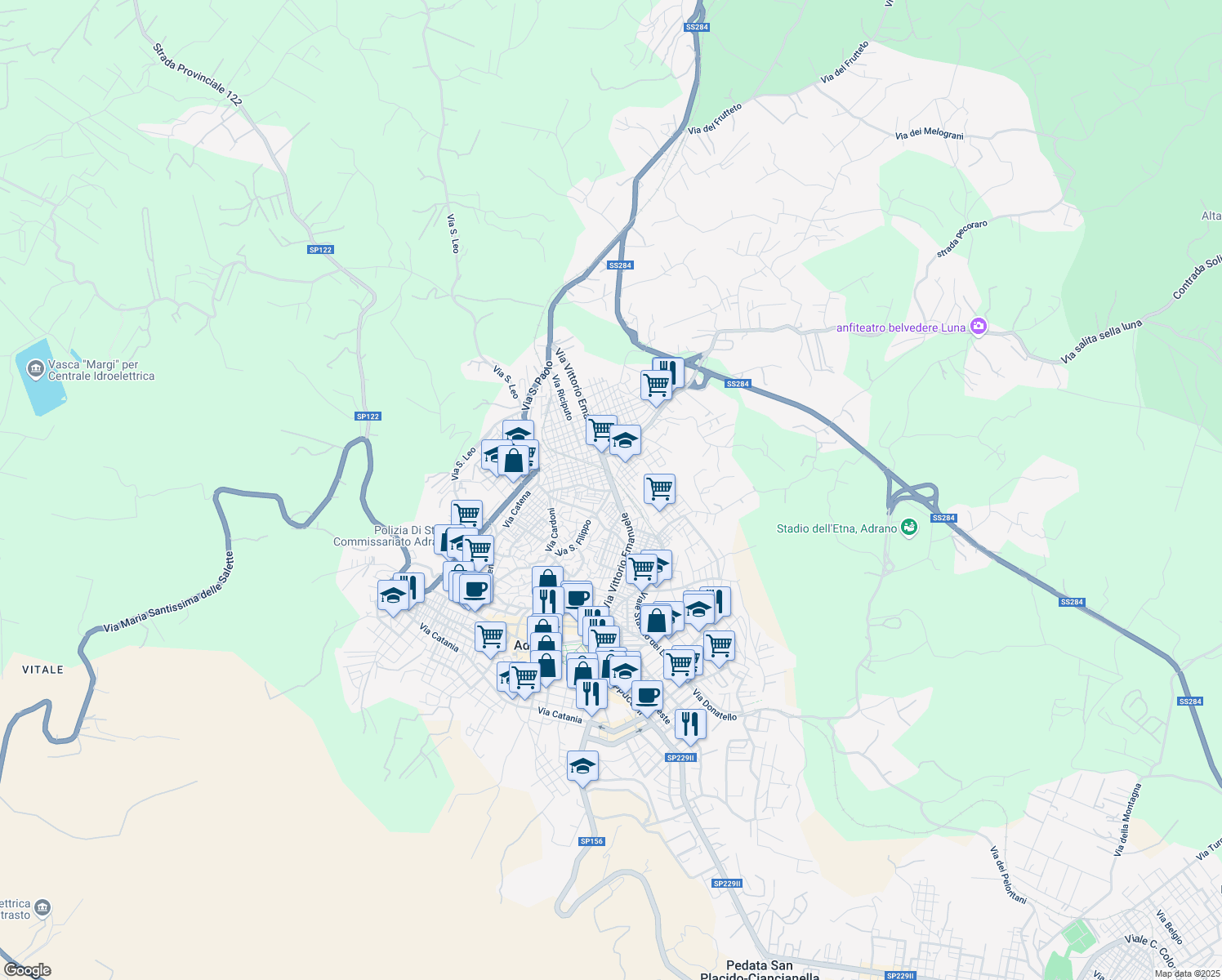 map of restaurants, bars, coffee shops, grocery stores, and more near 270 Via Vittorio Emanuele in Adrano