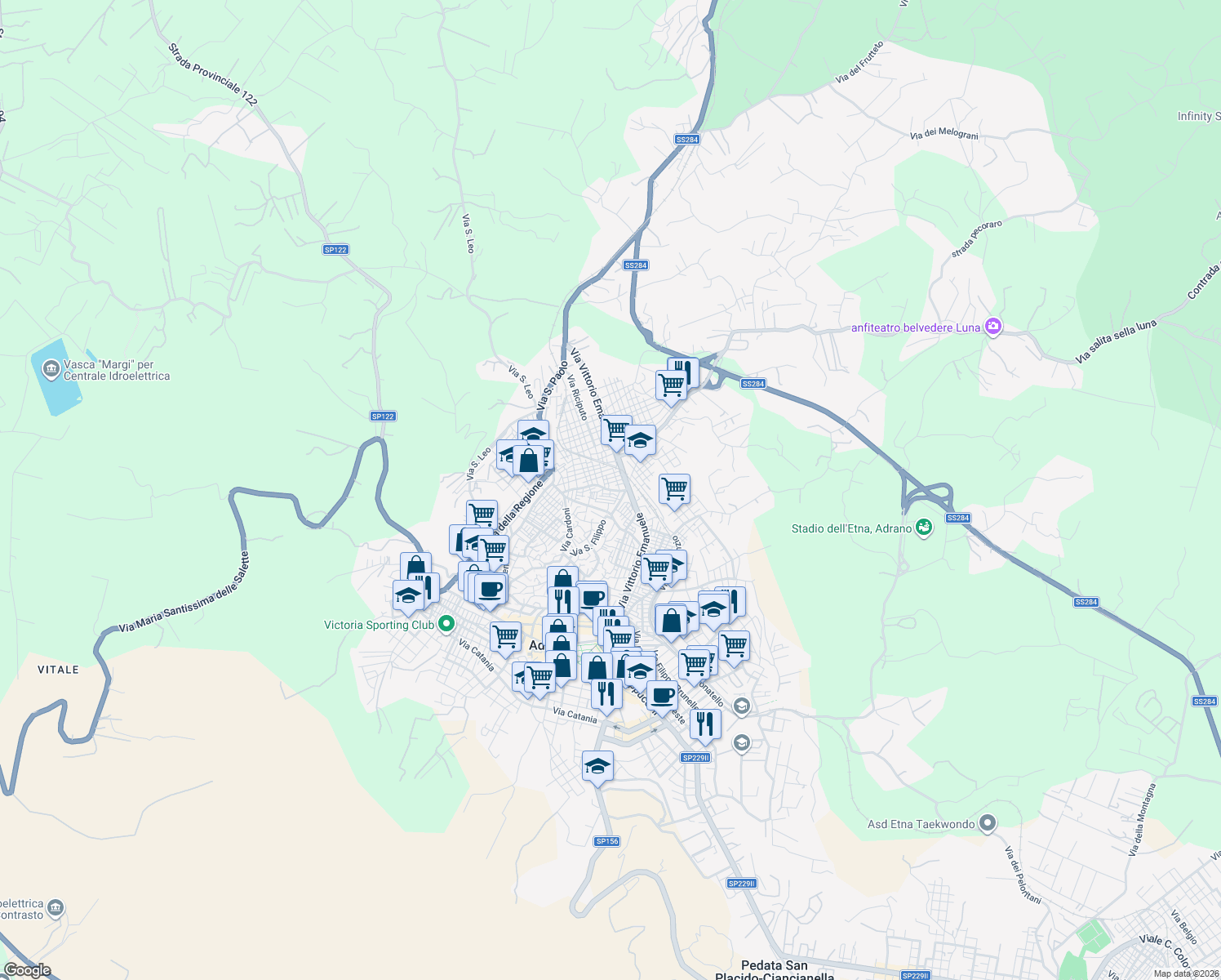map of restaurants, bars, coffee shops, grocery stores, and more near 8 Via Isonzo in Adrano