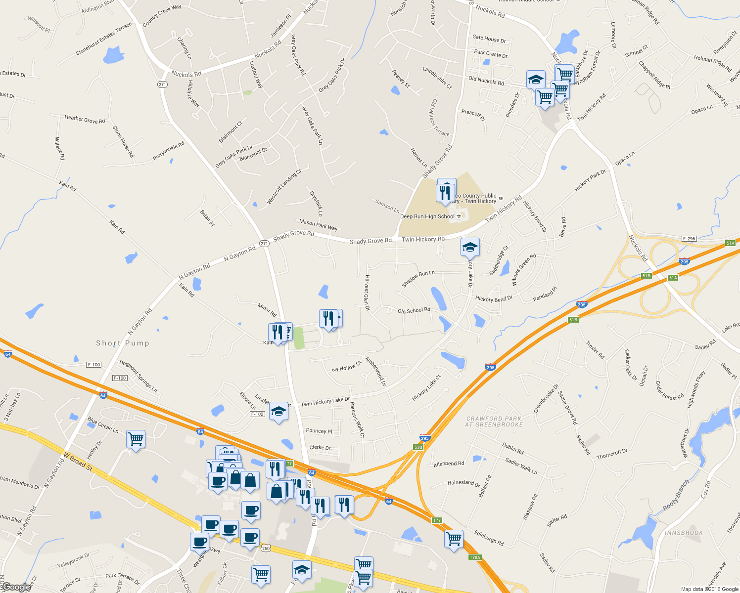 map of restaurants, bars, coffee shops, grocery stores, and more near 5216 Harvest Glen Drive in Glen Allen