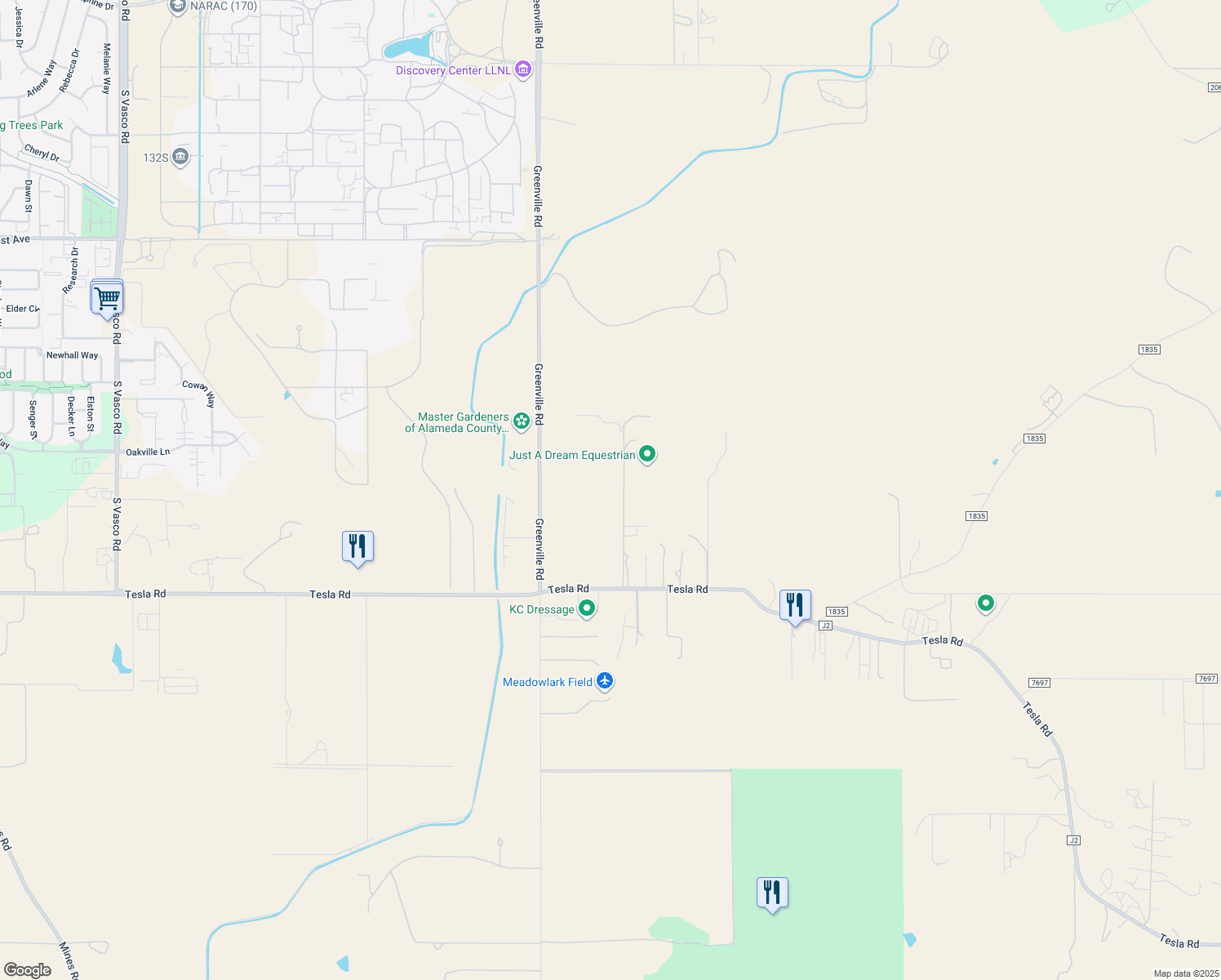 map of restaurants, bars, coffee shops, grocery stores, and more near 3825 Jerrold Road in Livermore