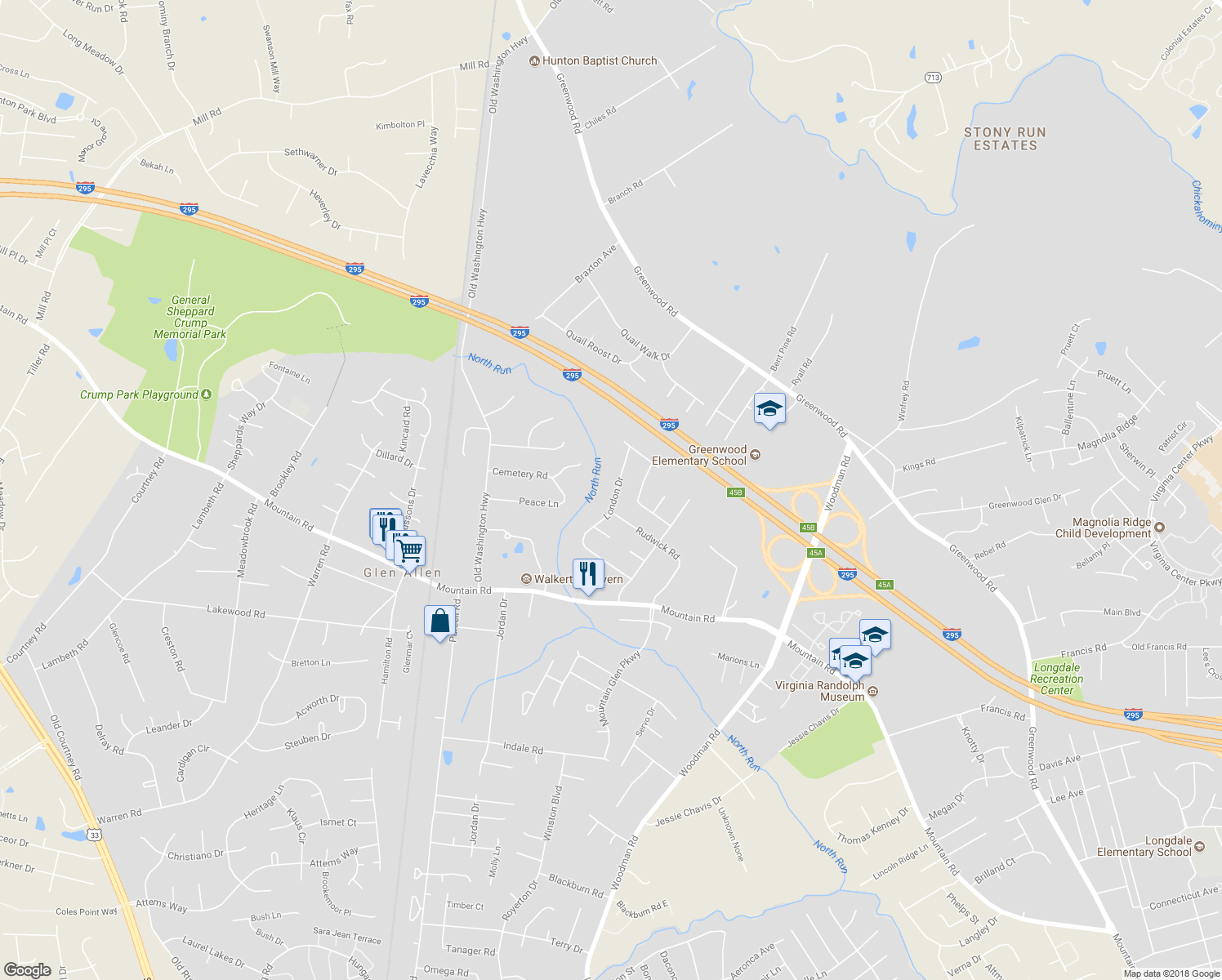 map of restaurants, bars, coffee shops, grocery stores, and more near 10904 London Drive in Glen Allen