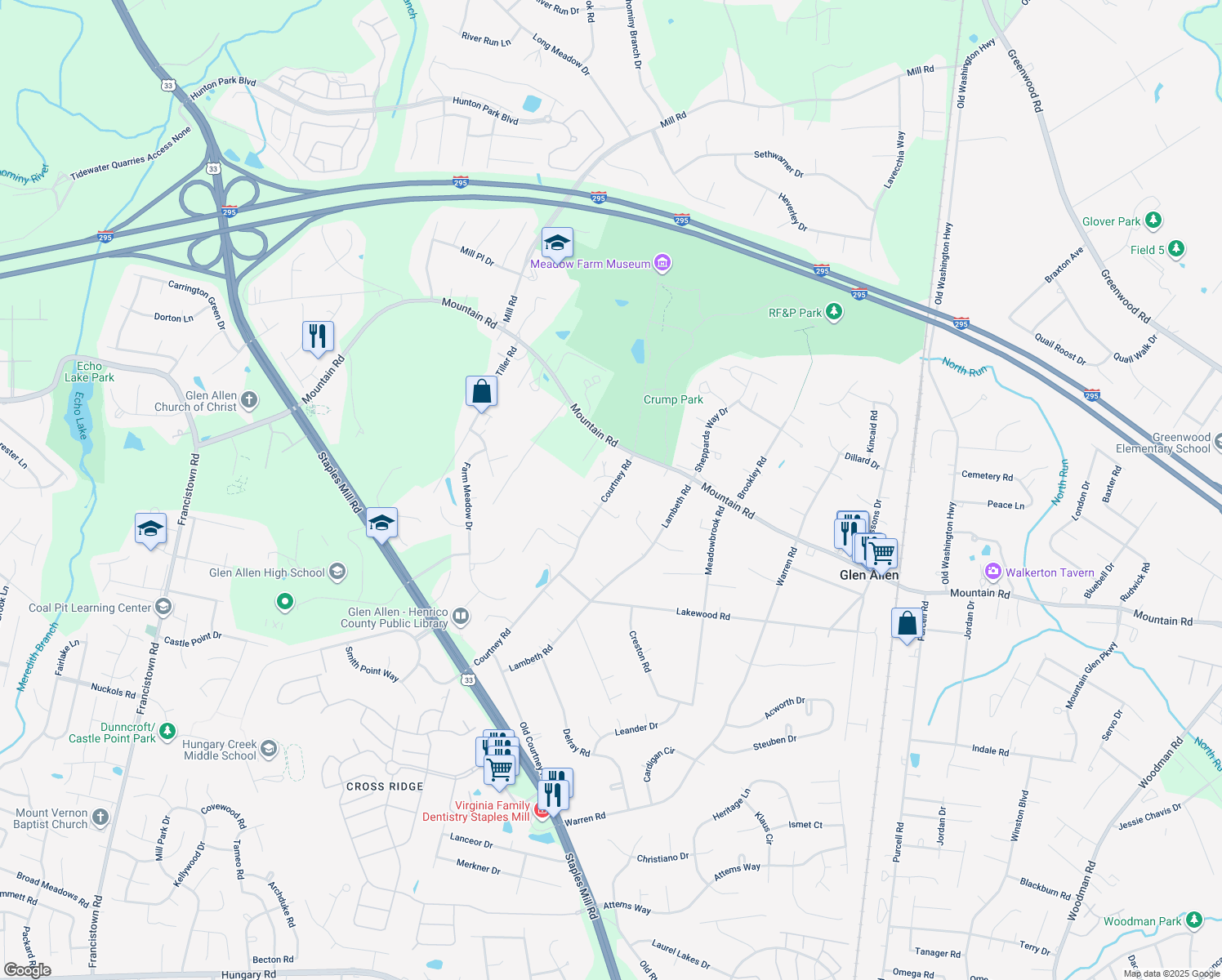 map of restaurants, bars, coffee shops, grocery stores, and more near 10671 Courtney Road in Glen Allen