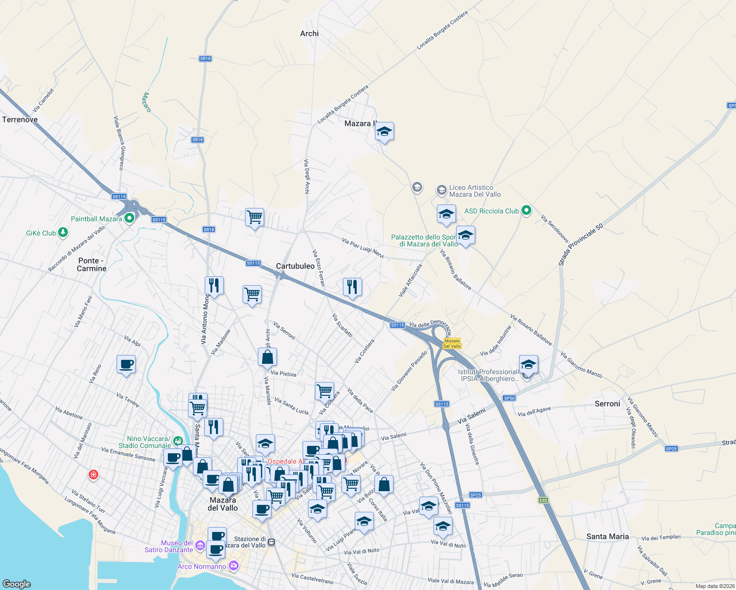 map of restaurants, bars, coffee shops, grocery stores, and more near 42 Via Angela la Marca in Libero consorzio comunale di Trapani