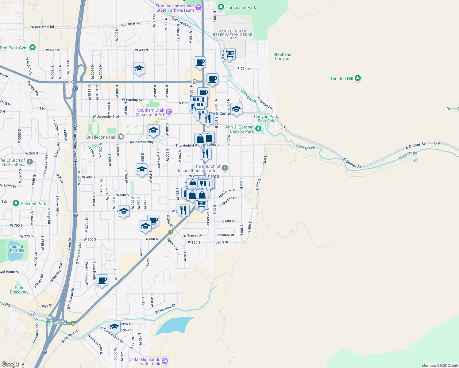 map of restaurants, bars, coffee shops, grocery stores, and more near 440 S 225 E in Cedar City