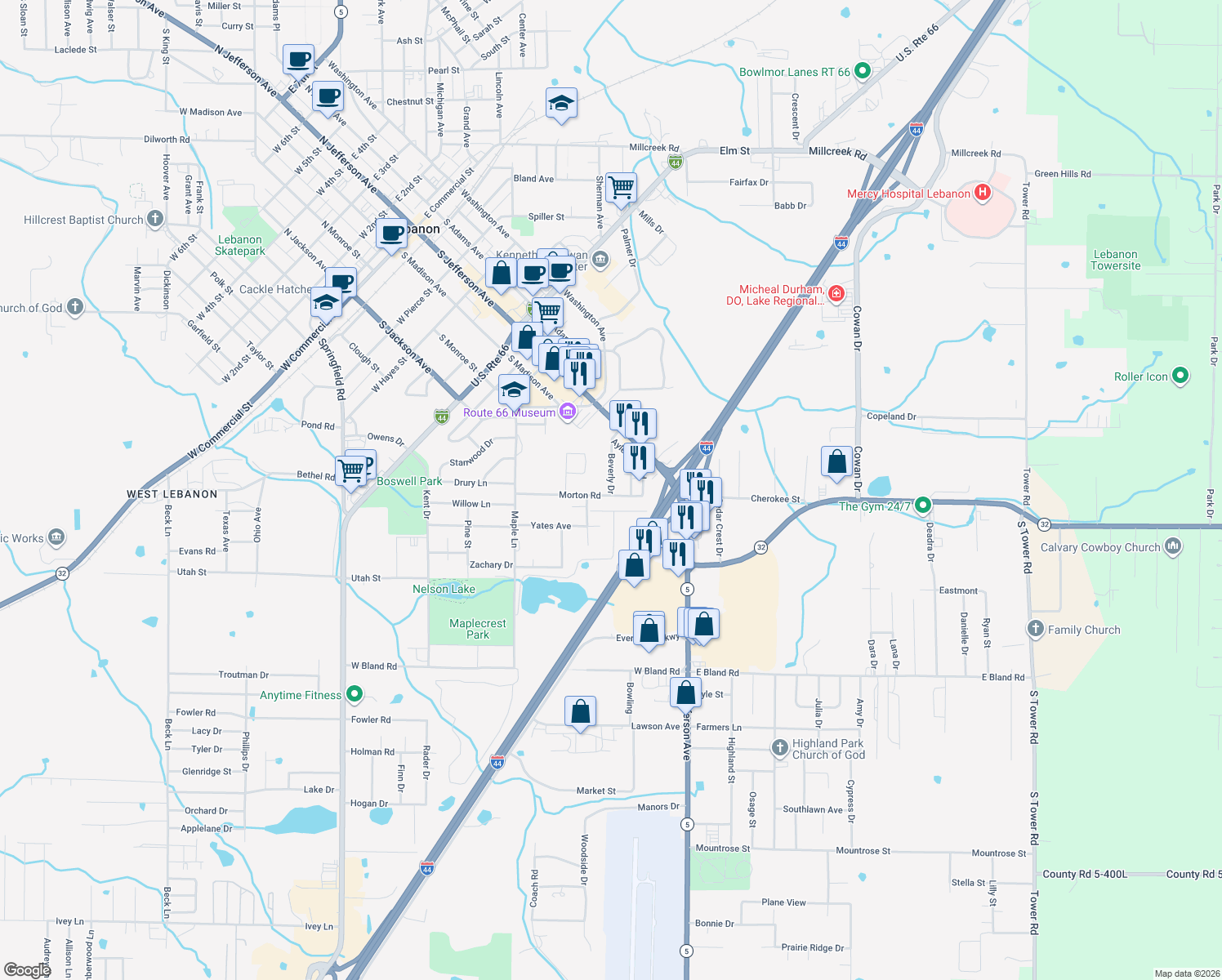 map of restaurants, bars, coffee shops, grocery stores, and more near 1167 Beverly Dr in Lebanon