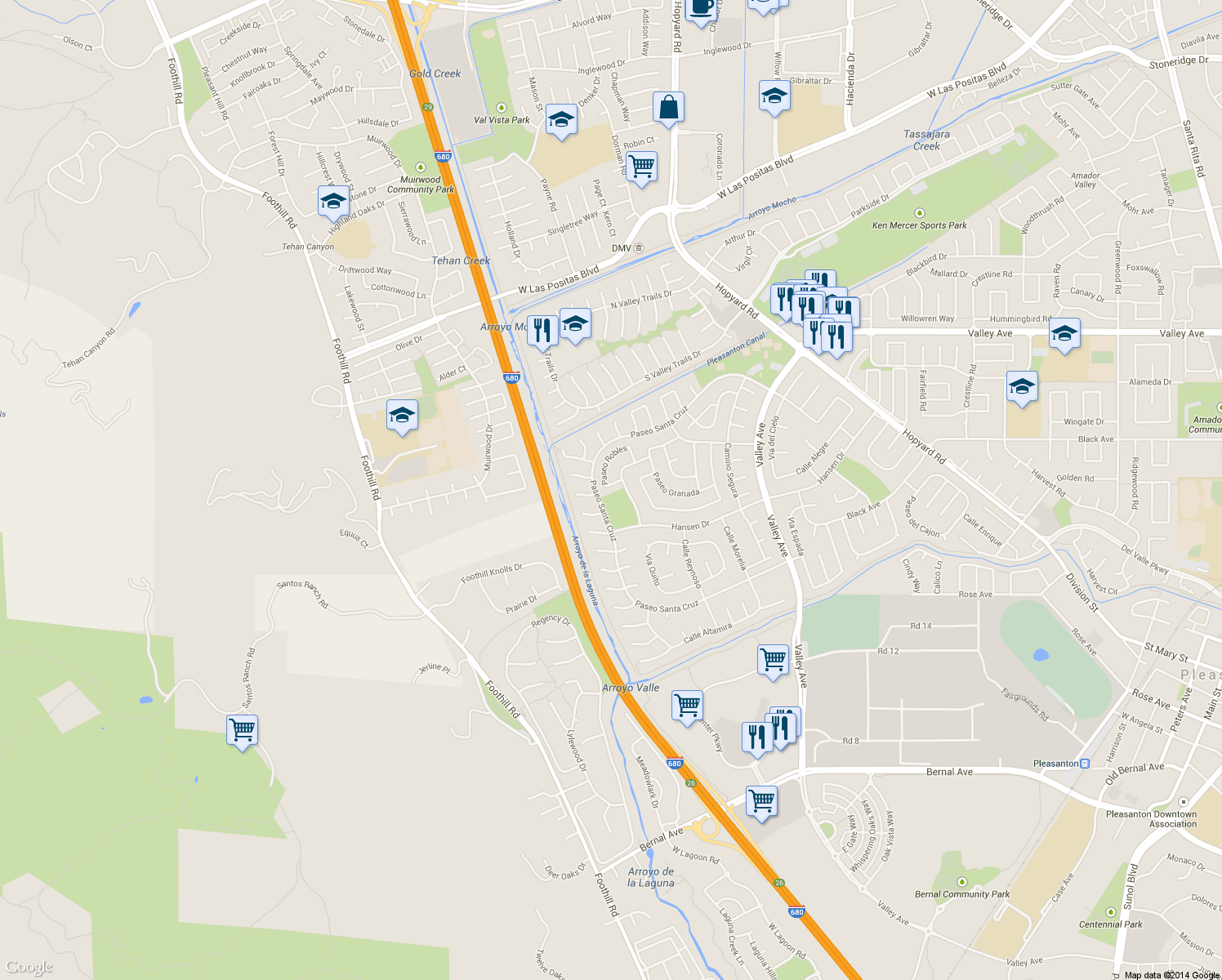 map of restaurants, bars, coffee shops, grocery stores, and more near 3110 Paseo Robles in Pleasanton