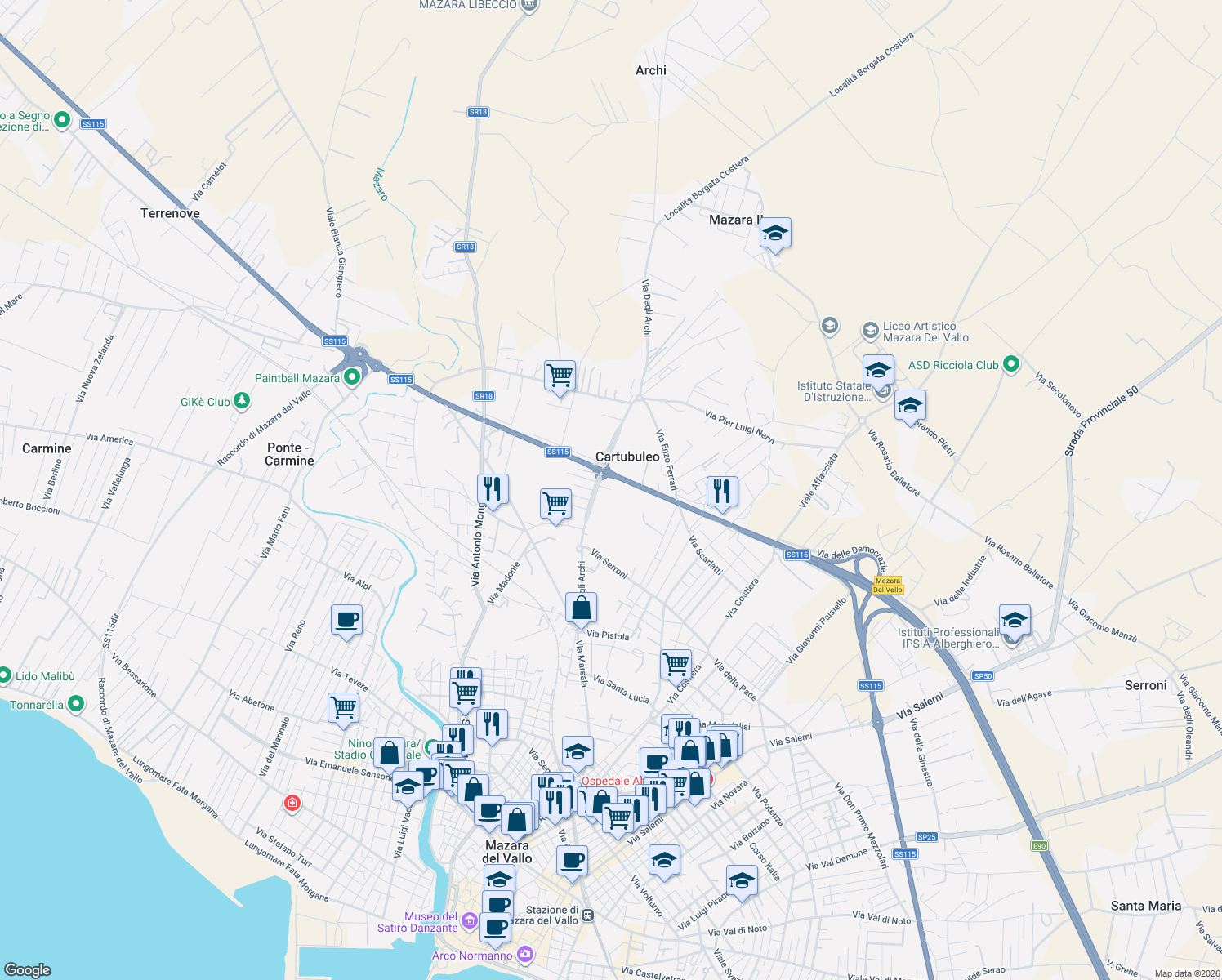 map of restaurants, bars, coffee shops, grocery stores, and more near 72 Via Degli Archi in Mazara del Vallo
