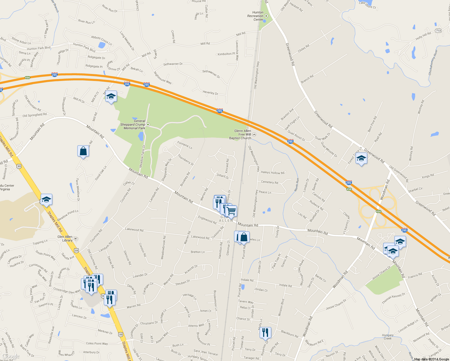 map of restaurants, bars, coffee shops, grocery stores, and more near 2909 Dillard Drive in Glen Allen