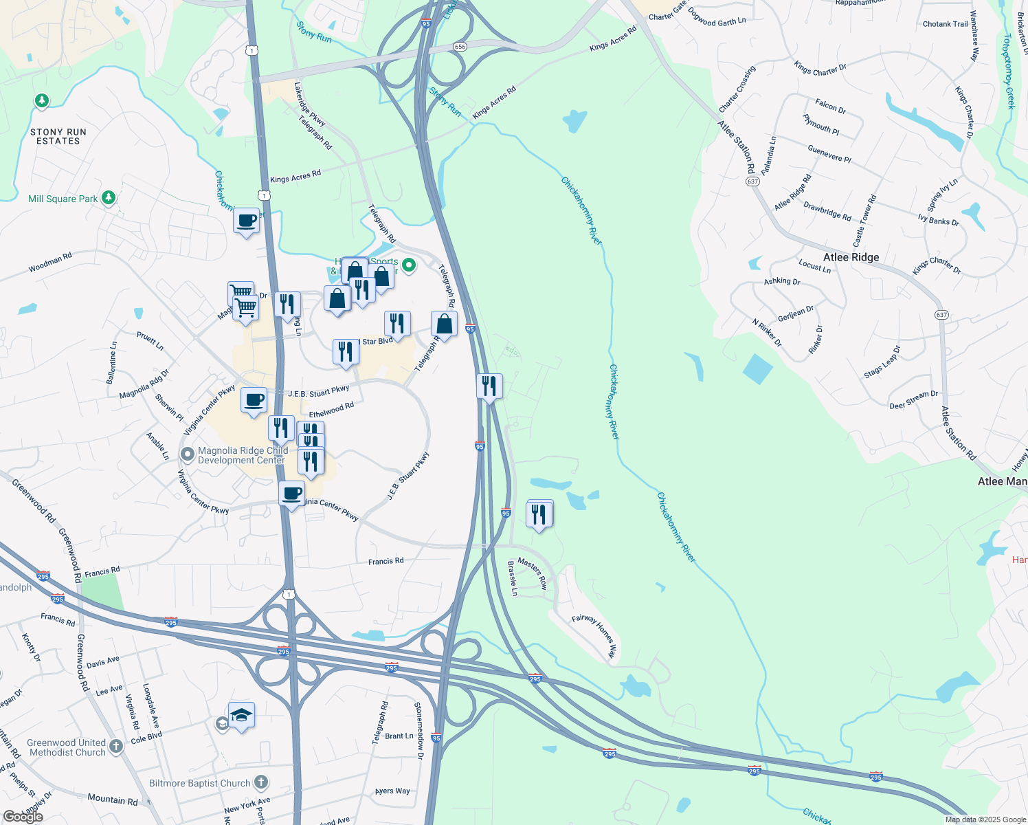 map of restaurants, bars, coffee shops, grocery stores, and more near 4005 Ironwoods Walk Drive in Glen Allen