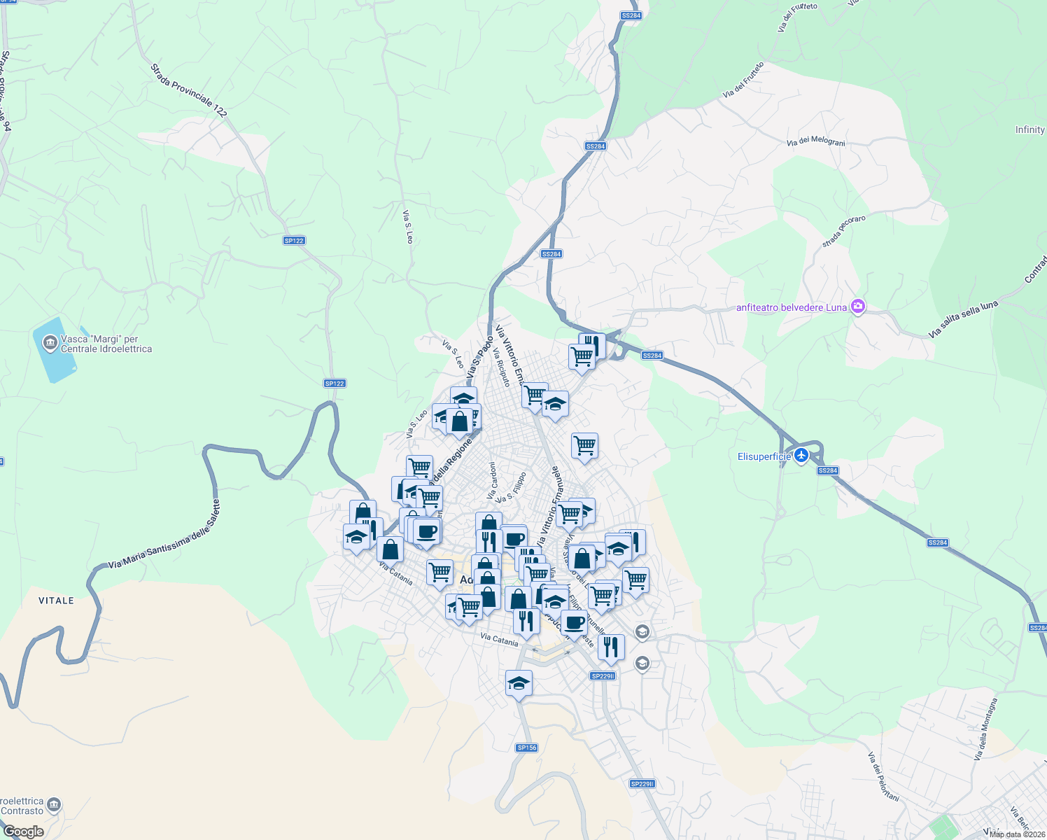 map of restaurants, bars, coffee shops, grocery stores, and more near 17A Via Euripide in Adrano