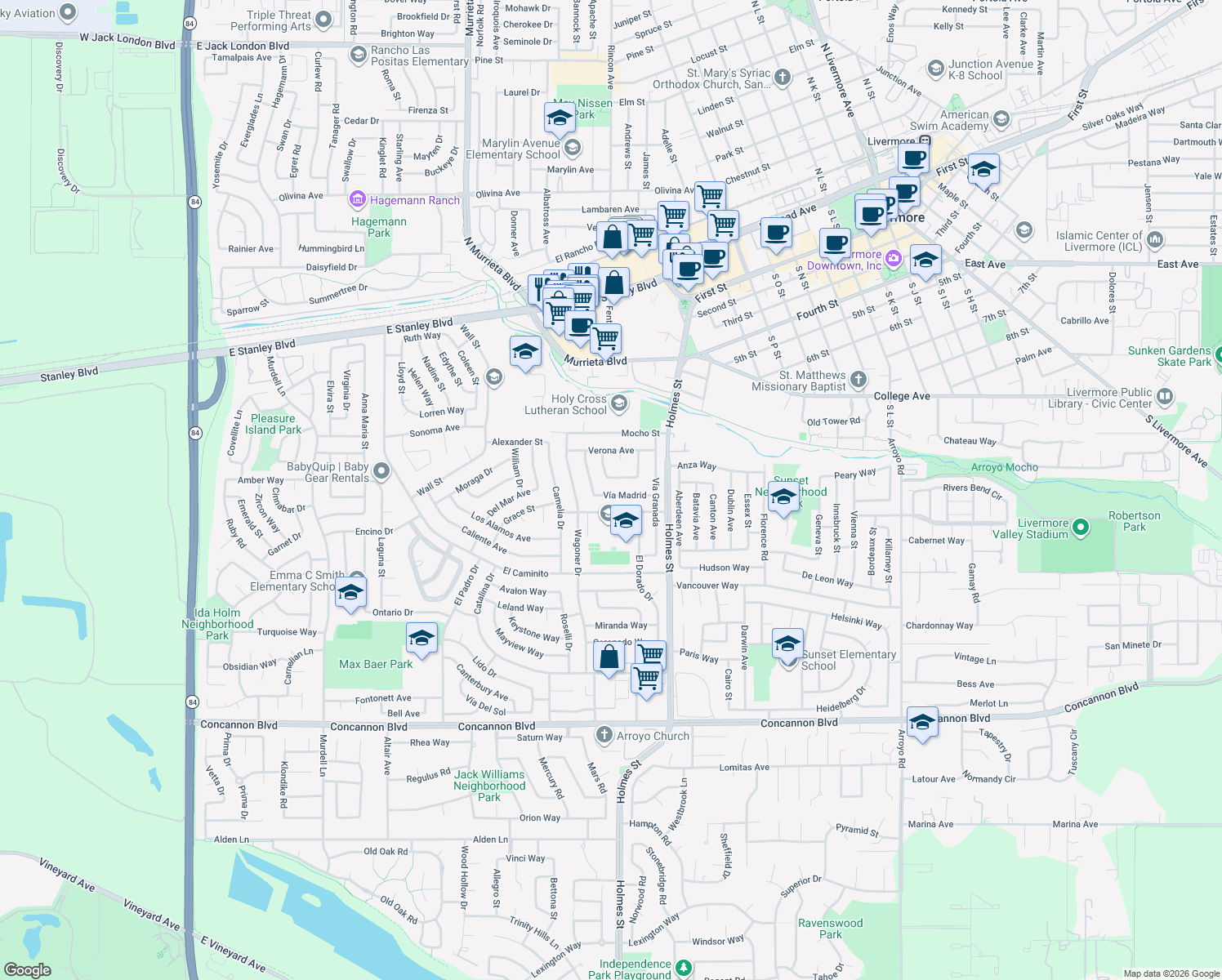 map of restaurants, bars, coffee shops, grocery stores, and more near 1030 Vía Madrid in Livermore
