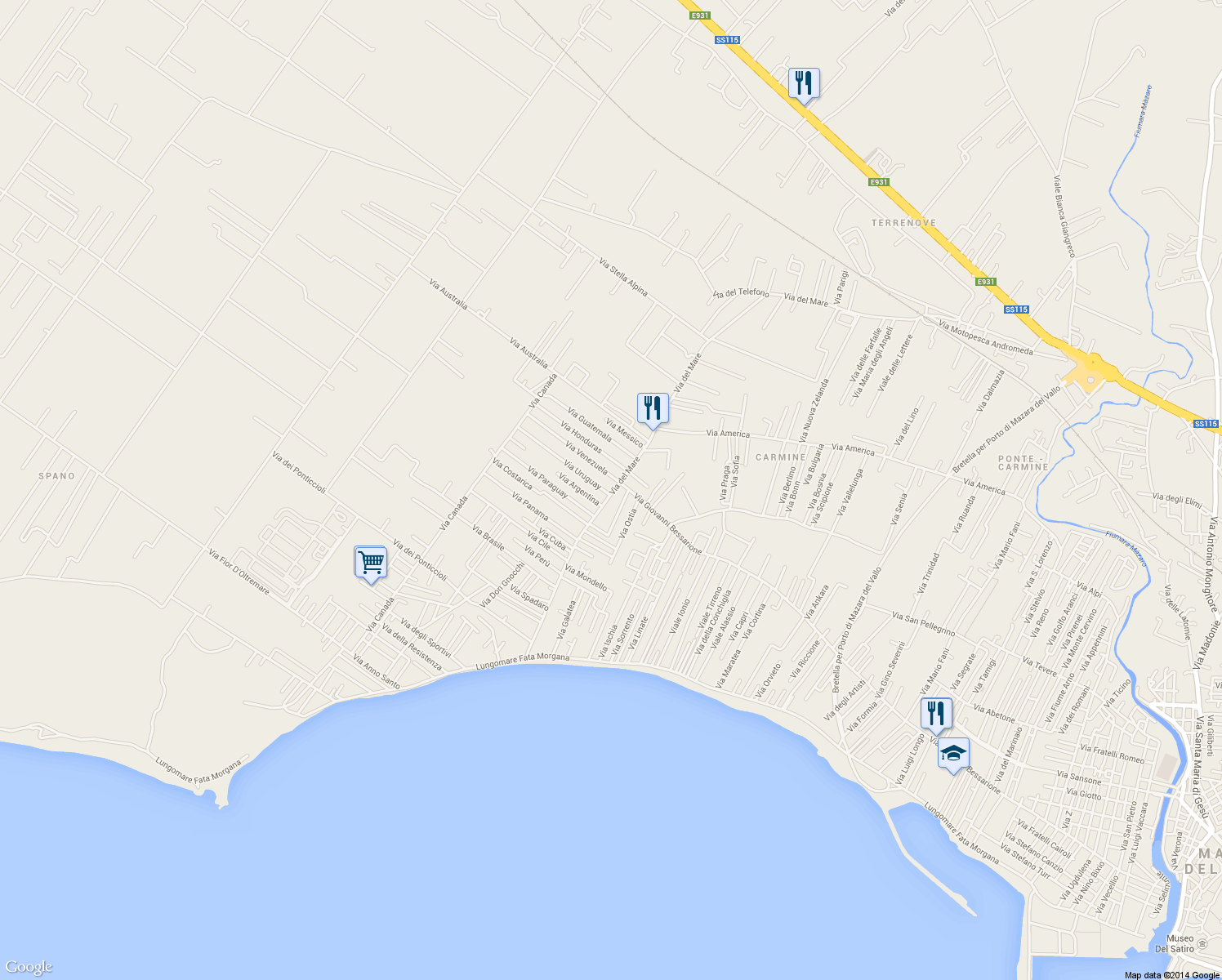 map of restaurants, bars, coffee shops, grocery stores, and more near 211 Via del Mare in Mazara del Vallo