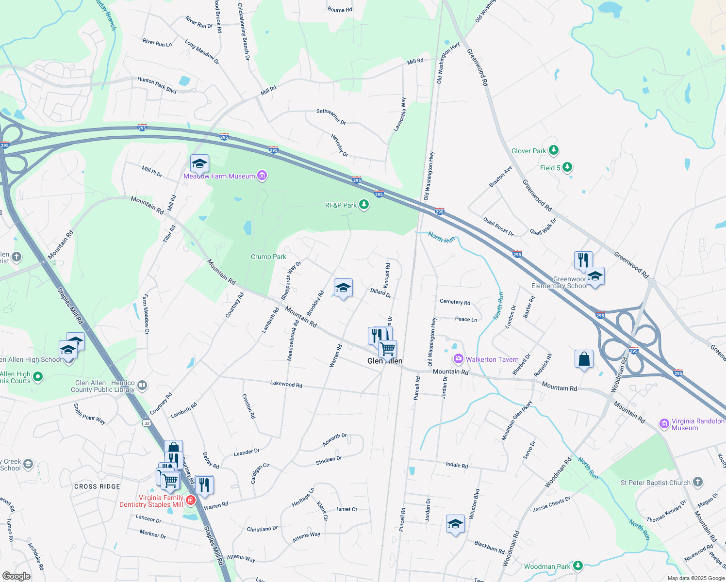 map of restaurants, bars, coffee shops, grocery stores, and more near 3101 Dillard Court in Glen Allen