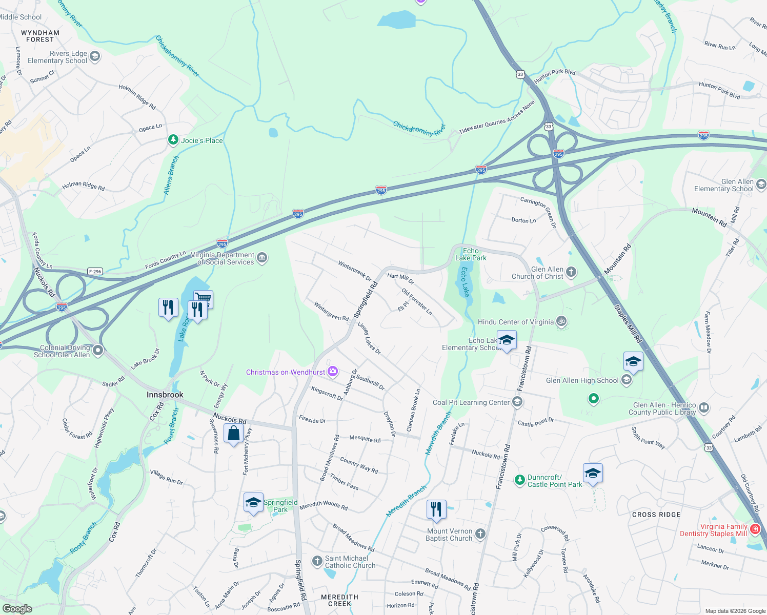 map of restaurants, bars, coffee shops, grocery stores, and more near 5304 Jacobs Creek Dr in Glen Allen