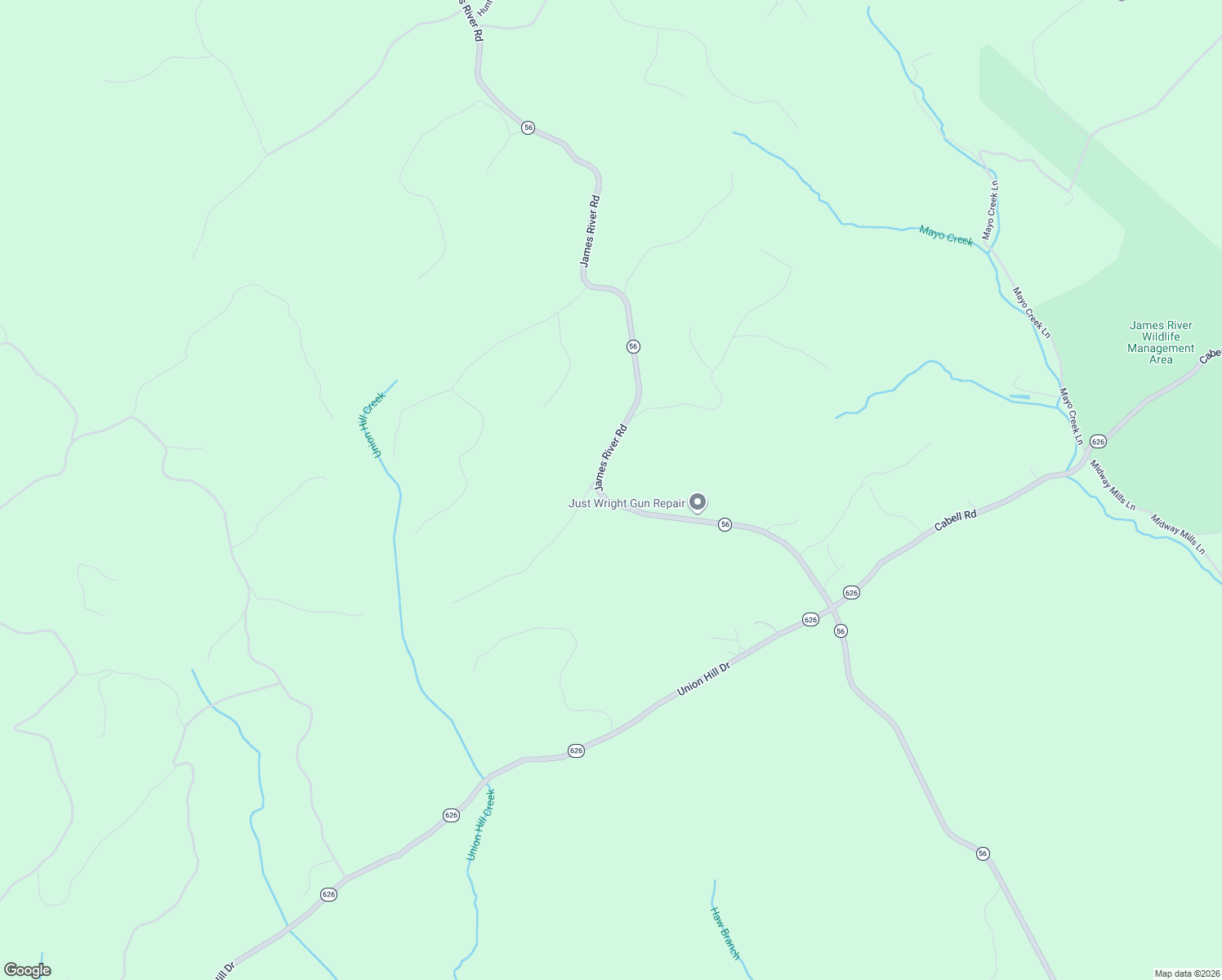 map of restaurants, bars, coffee shops, grocery stores, and more near 3388 James River Road in Wingina