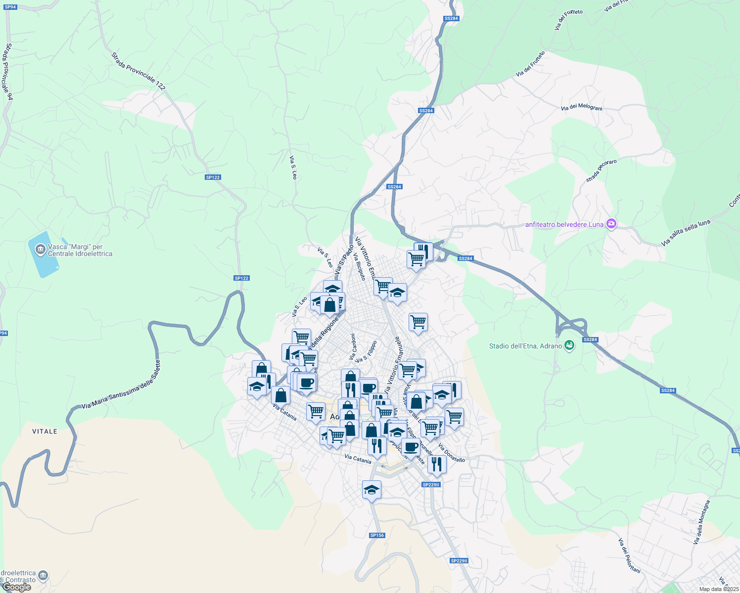 map of restaurants, bars, coffee shops, grocery stores, and more near 17A Via Euripide in Adrano