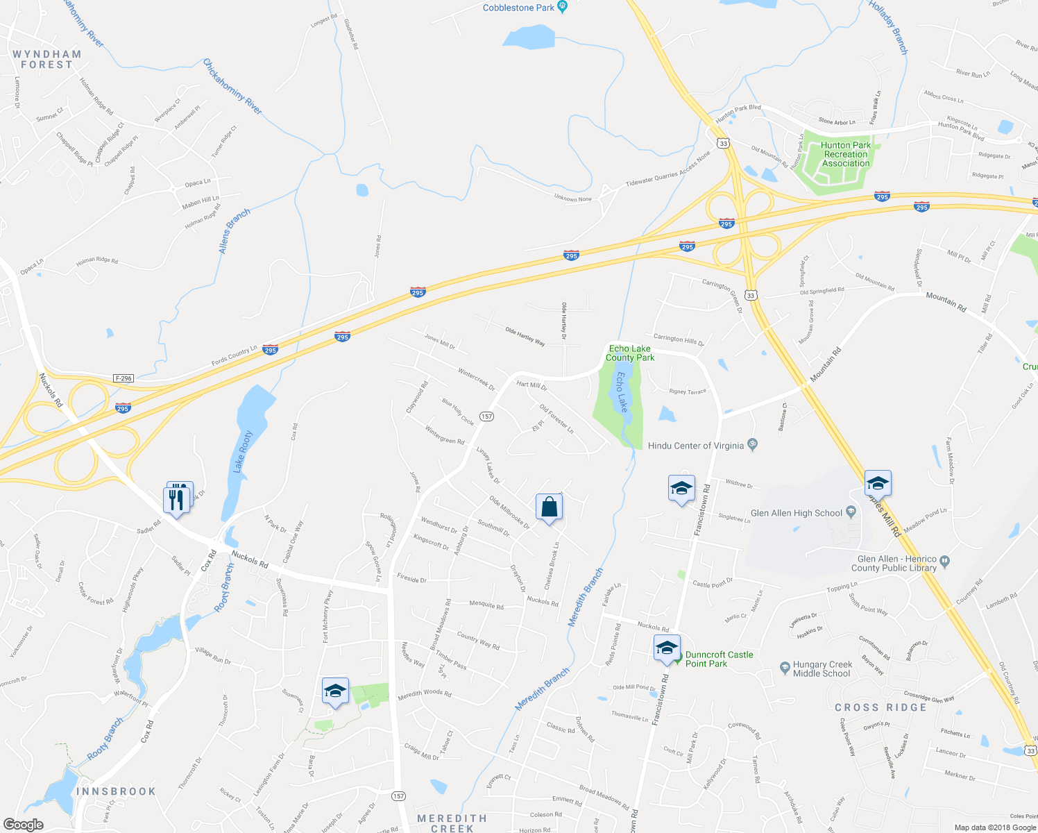 map of restaurants, bars, coffee shops, grocery stores, and more near 5309 Jacobs Creek Drive in Glen Allen