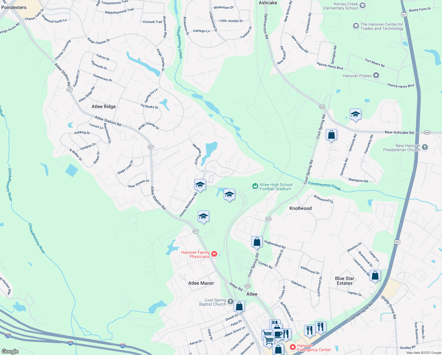 map of restaurants, bars, coffee shops, grocery stores, and more near 10307 Colony Bee Place in Mechanicsville