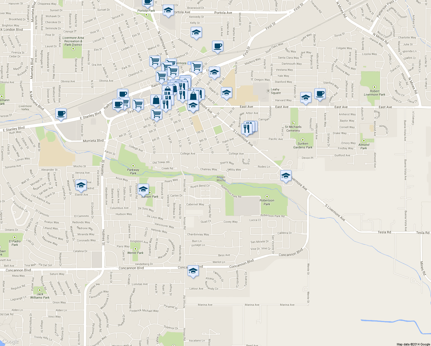 map of restaurants, bars, coffee shops, grocery stores, and more near 2355 Chateau Way in Livermore