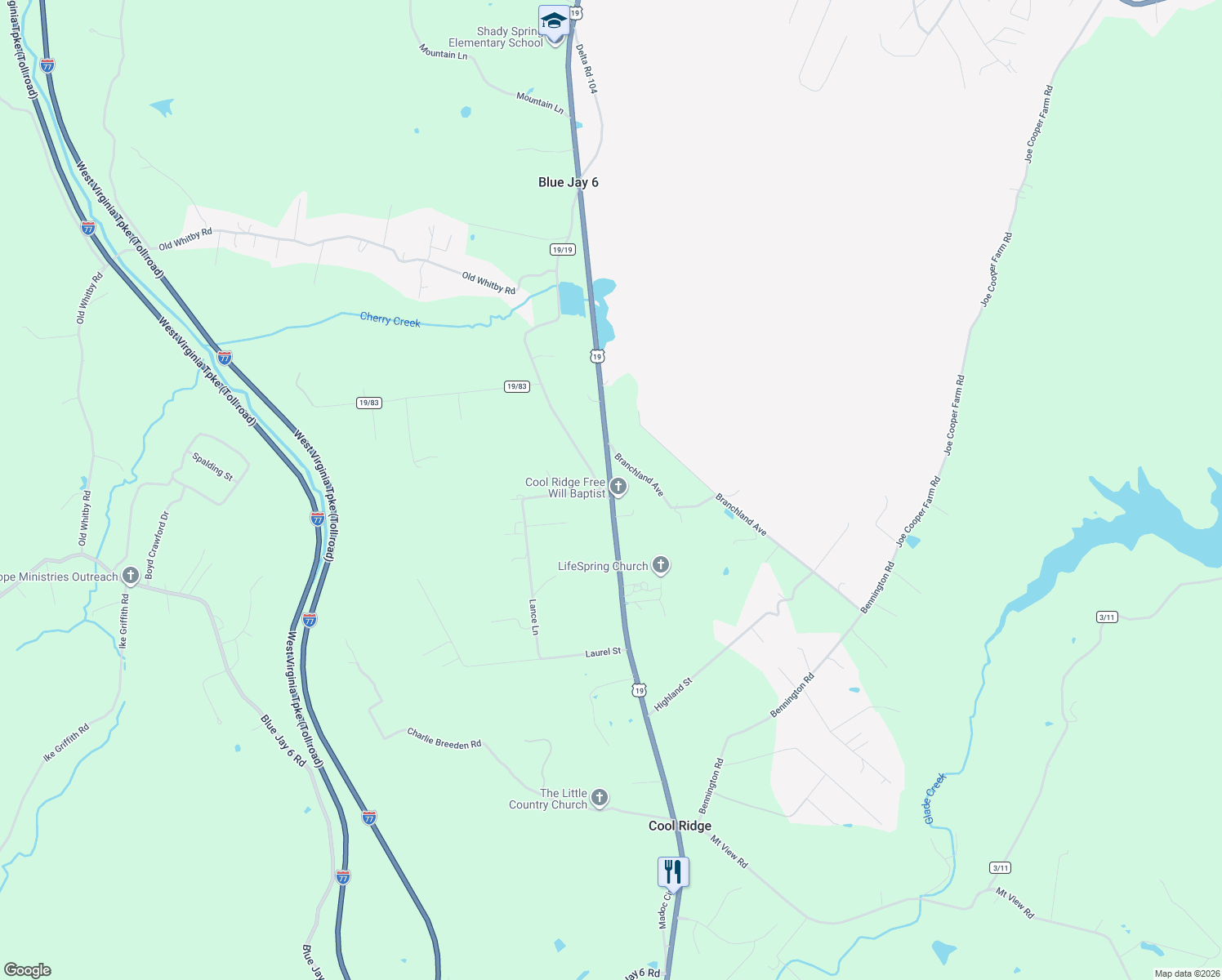 map of restaurants, bars, coffee shops, grocery stores, and more near 1195 Flat Top Rd in Shady Spring