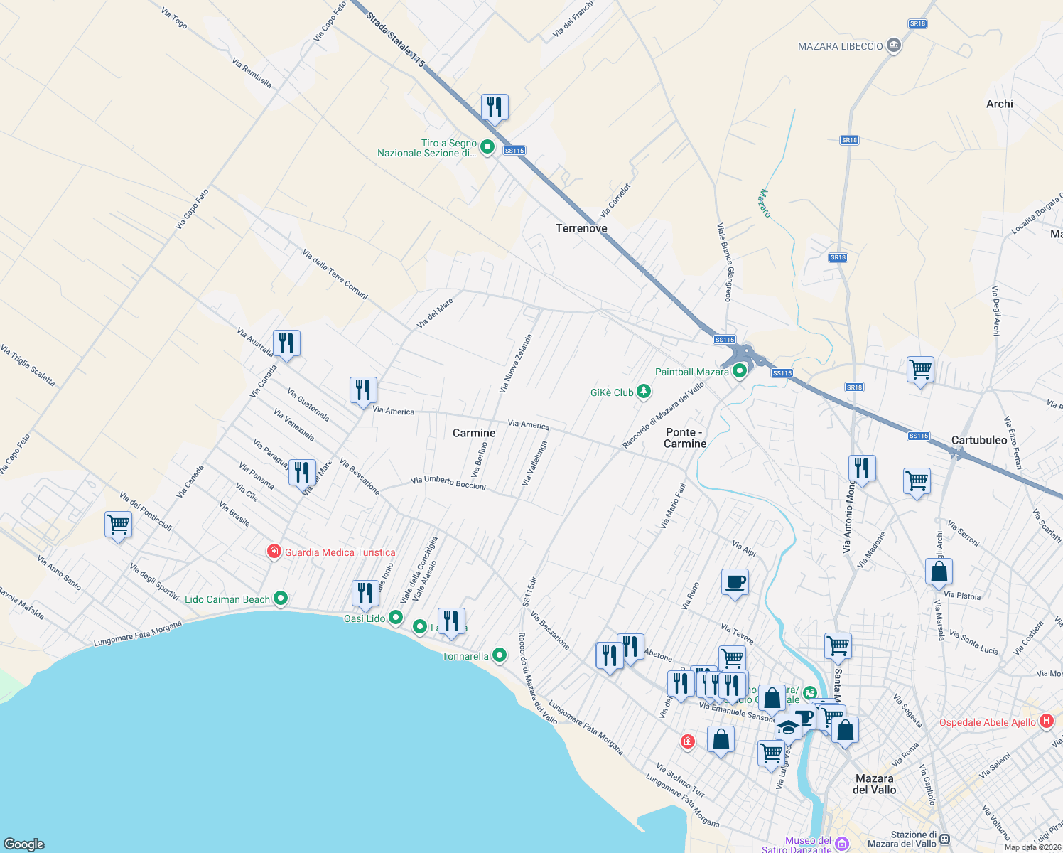 map of restaurants, bars, coffee shops, grocery stores, and more near Via Manca in Provincia di Trapani