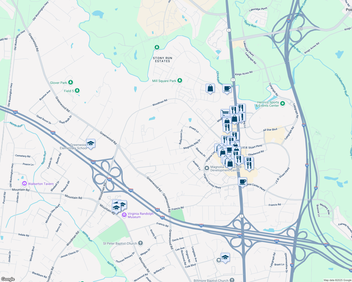 map of restaurants, bars, coffee shops, grocery stores, and more near 11904 Boulware Ct in Glen Allen