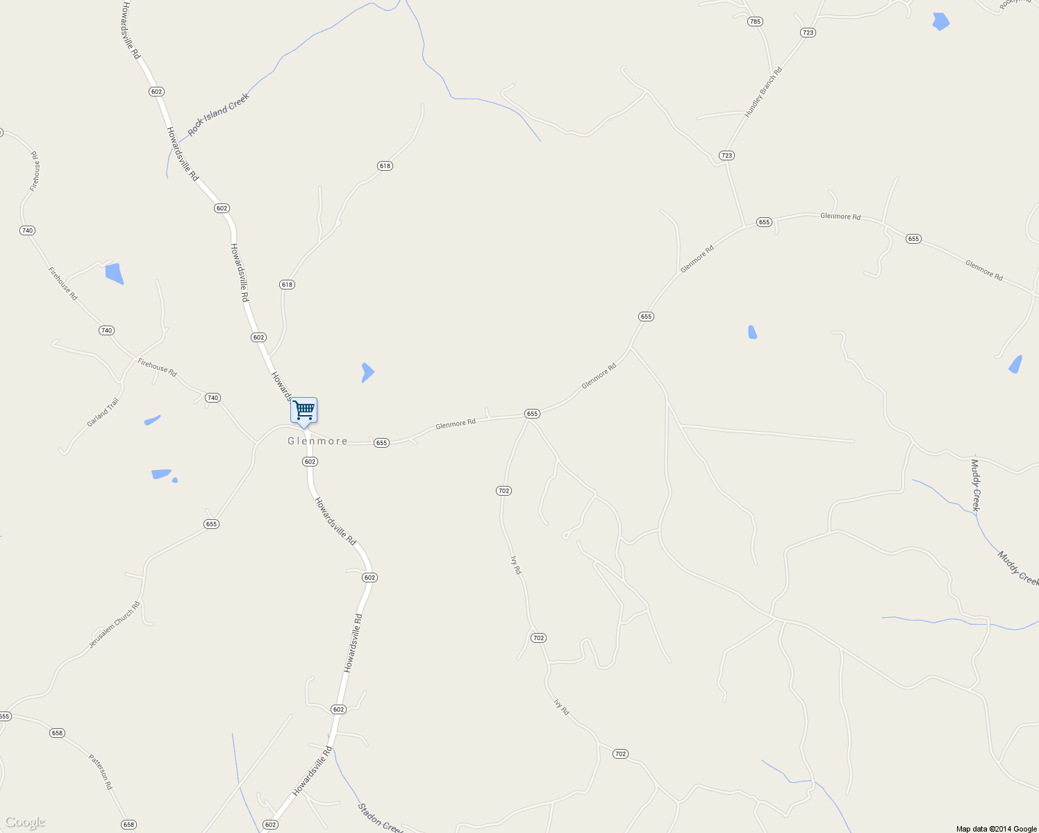 map of restaurants, bars, coffee shops, grocery stores, and more near Glenmore Road in Howardsville