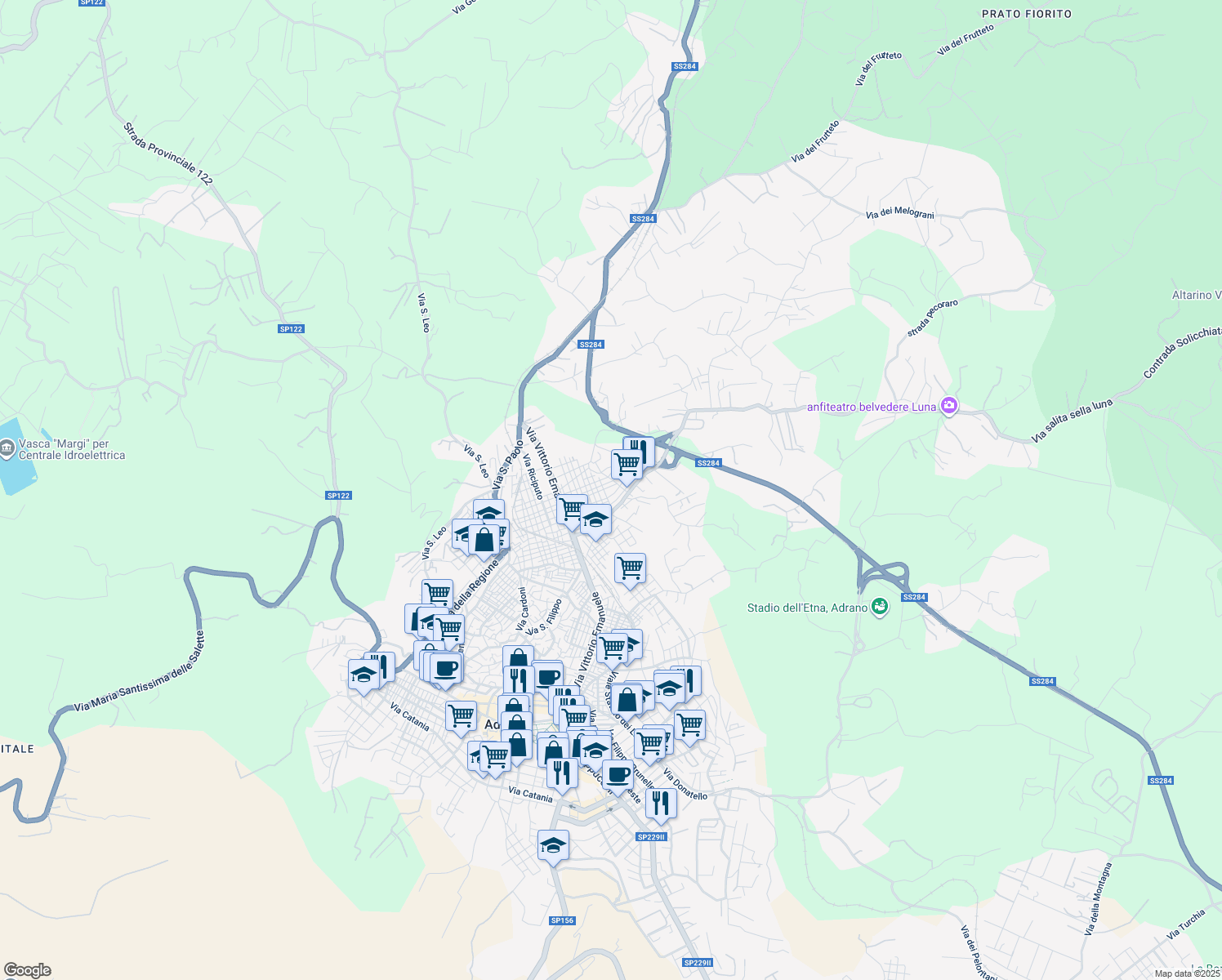 map of restaurants, bars, coffee shops, grocery stores, and more near 13 Via Sofia in Adrano