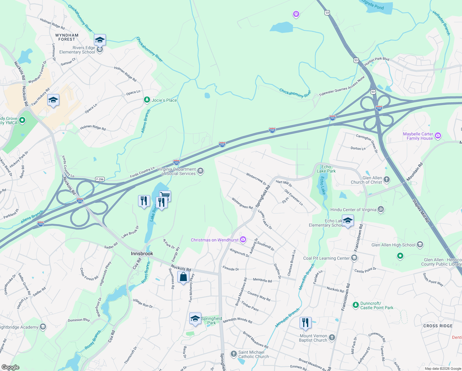 map of restaurants, bars, coffee shops, grocery stores, and more near 5601 Keelwood Court in Glen Allen