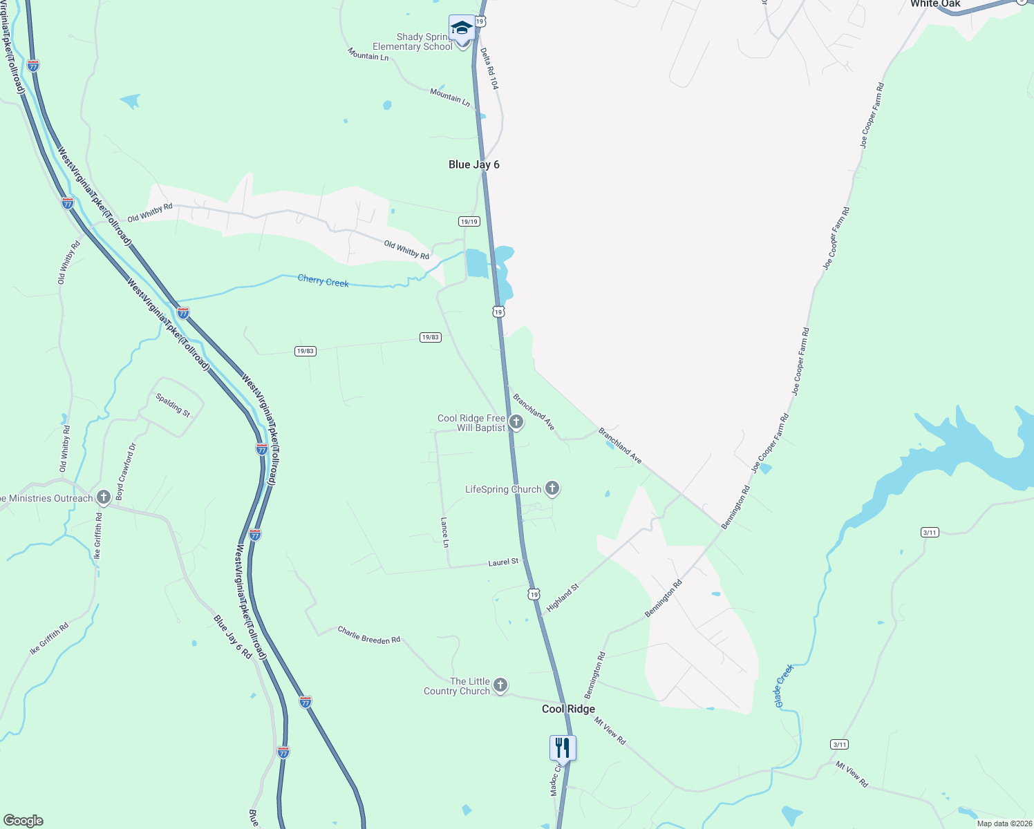 map of restaurants, bars, coffee shops, grocery stores, and more near 1195 Flat Top Rd in Shady Spring