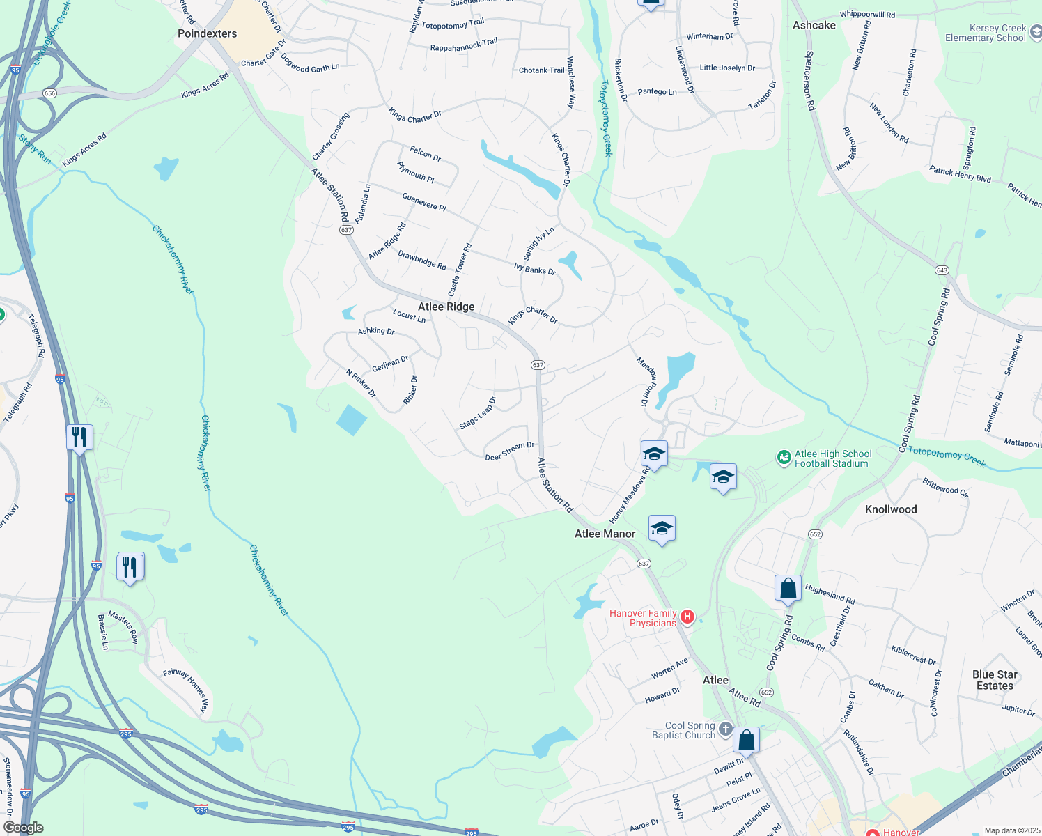 map of restaurants, bars, coffee shops, grocery stores, and more near 10049 Doe Run Place in Mechanicsville