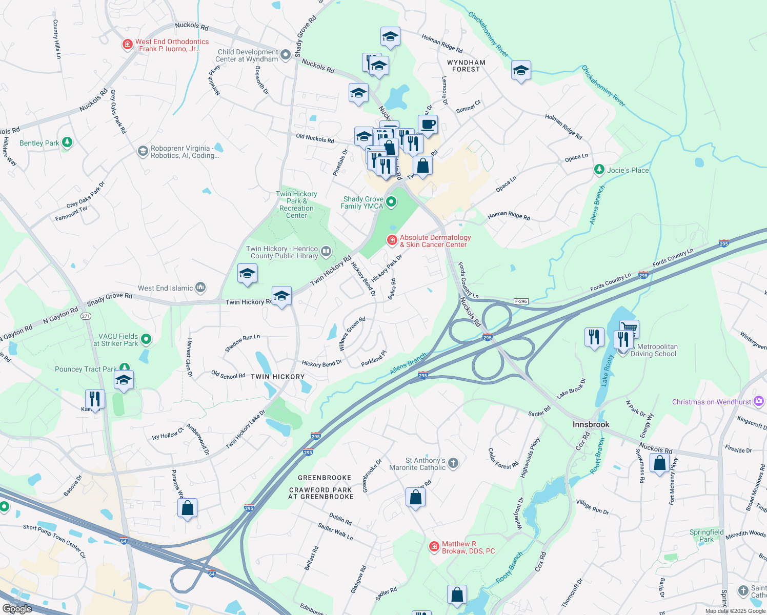 map of restaurants, bars, coffee shops, grocery stores, and more near 960 Belva Lane in Glen Allen
