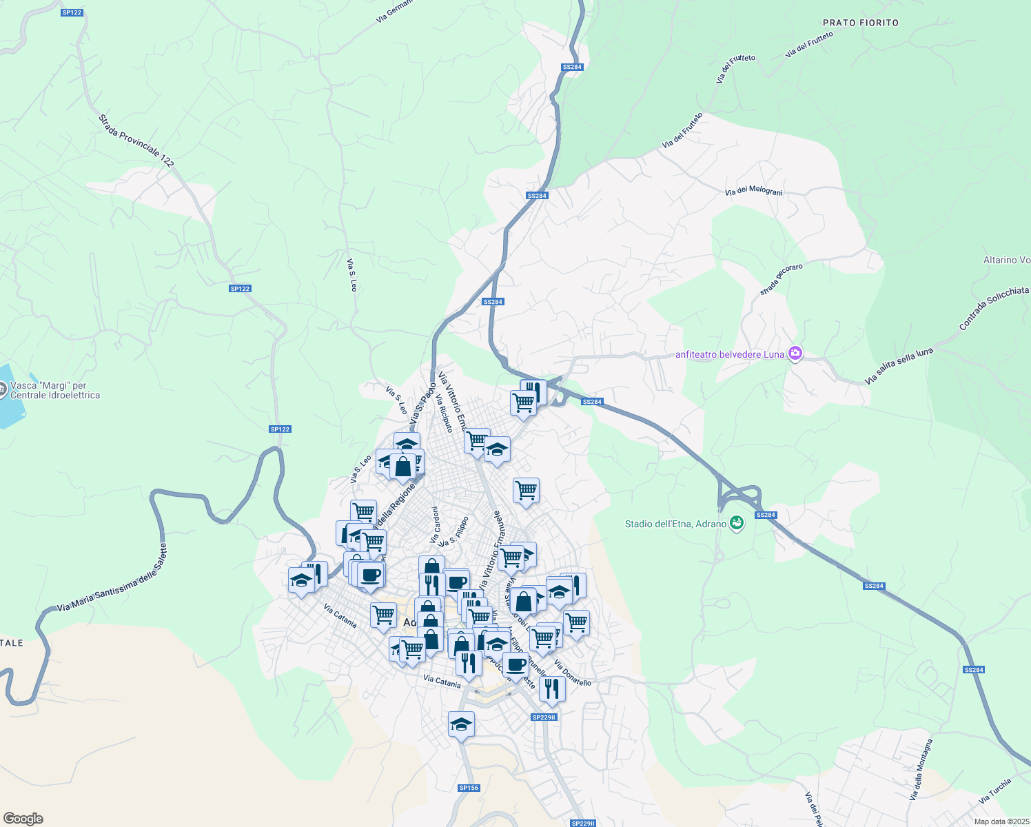 map of restaurants, bars, coffee shops, grocery stores, and more near 13 Via Sofia in Adrano