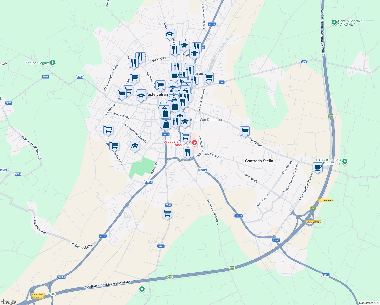 map of restaurants, bars, coffee shops, grocery stores, and more near 26 Via Marinella in Castelvetrano