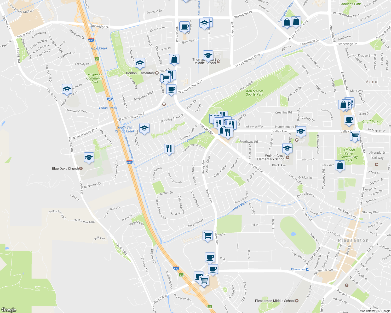 map of restaurants, bars, coffee shops, grocery stores, and more near 5988 Corte Cerritos in Pleasanton