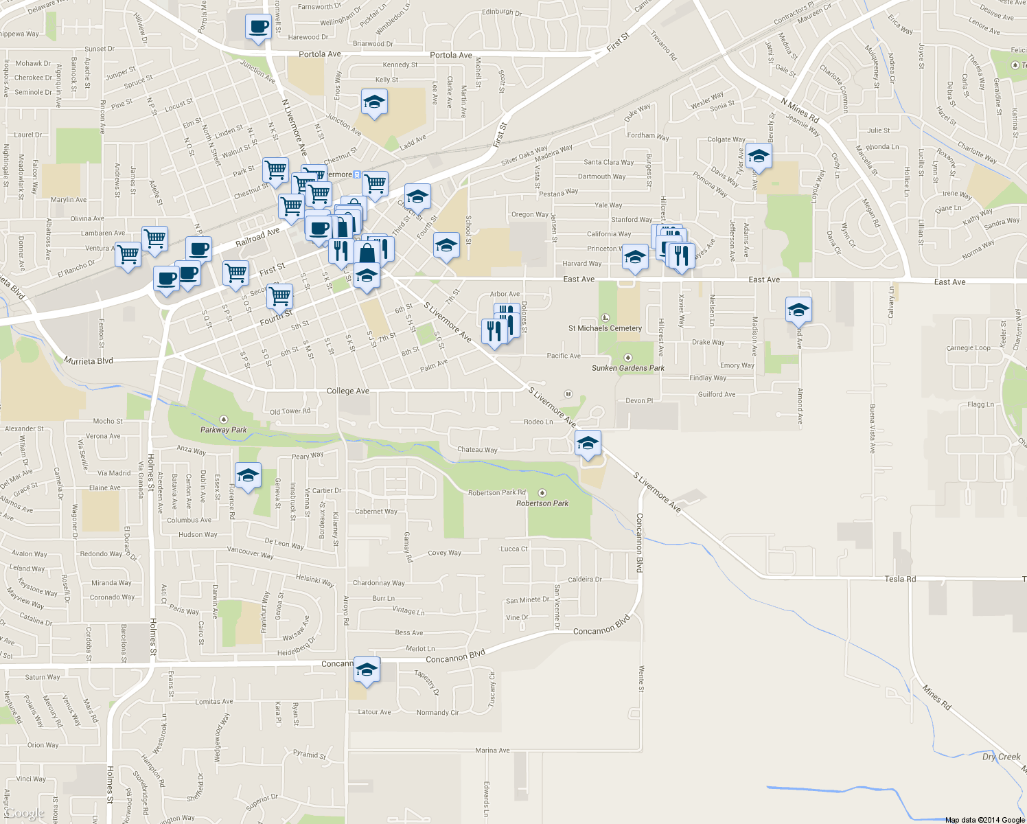 map of restaurants, bars, coffee shops, grocery stores, and more near 1183 Vintner Place in Livermore