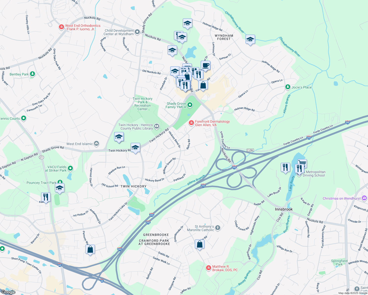 map of restaurants, bars, coffee shops, grocery stores, and more near 1005 Belva Court in Glen Allen