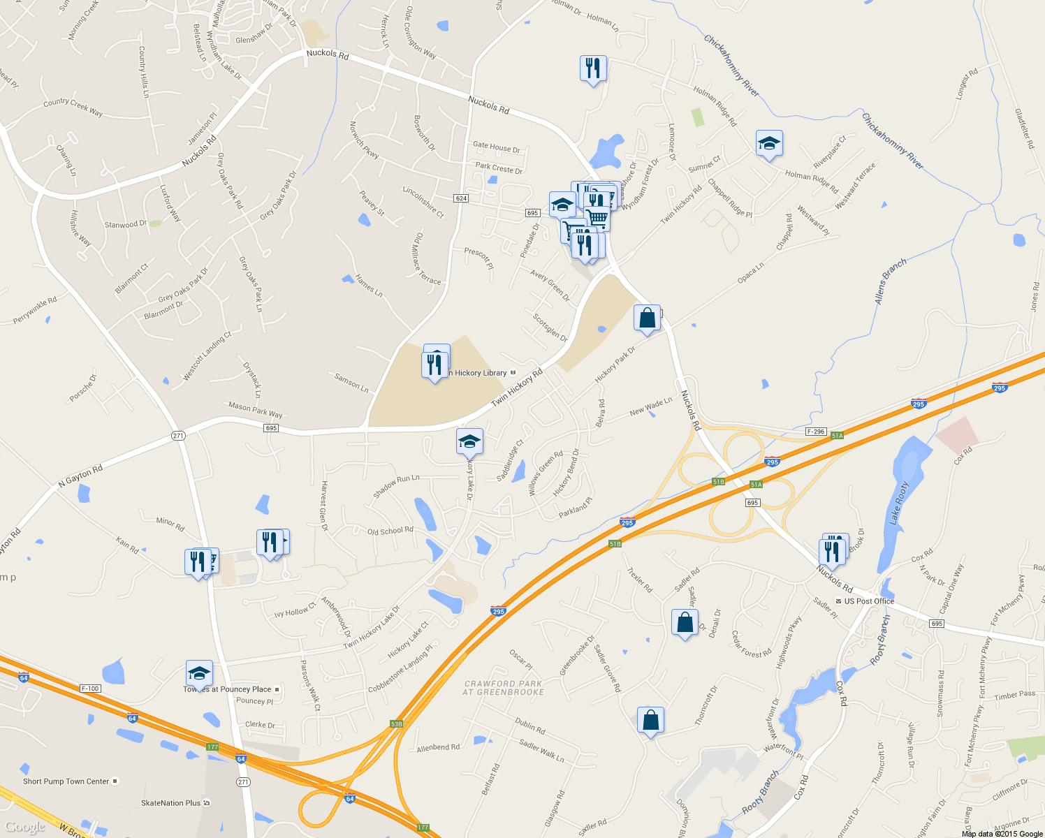 map of restaurants, bars, coffee shops, grocery stores, and more near 4948 Saddleridge Court in Glen Allen