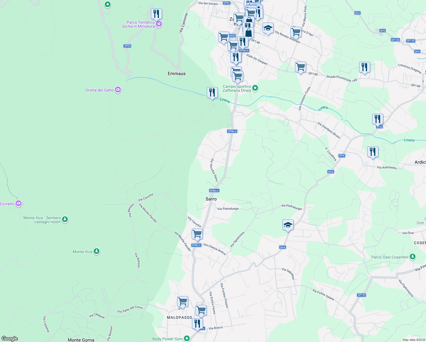 map of restaurants, bars, coffee shops, grocery stores, and more near 47 Via Vecchia Sarro in Zafferana Etnea