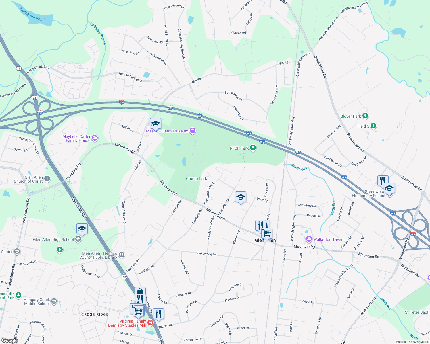 map of restaurants, bars, coffee shops, grocery stores, and more near 3344 Fontaine Lane in Glen Allen