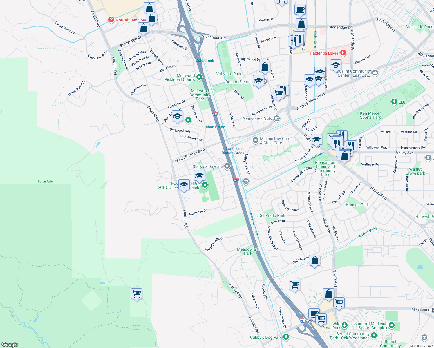 map of restaurants, bars, coffee shops, grocery stores, and more near 7444 Pecan Court in Pleasanton