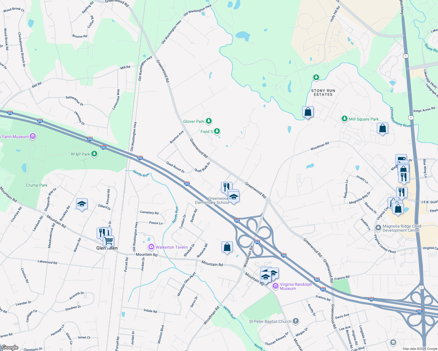 map of restaurants, bars, coffee shops, grocery stores, and more near 11066 Greenwood Road in Glen Allen