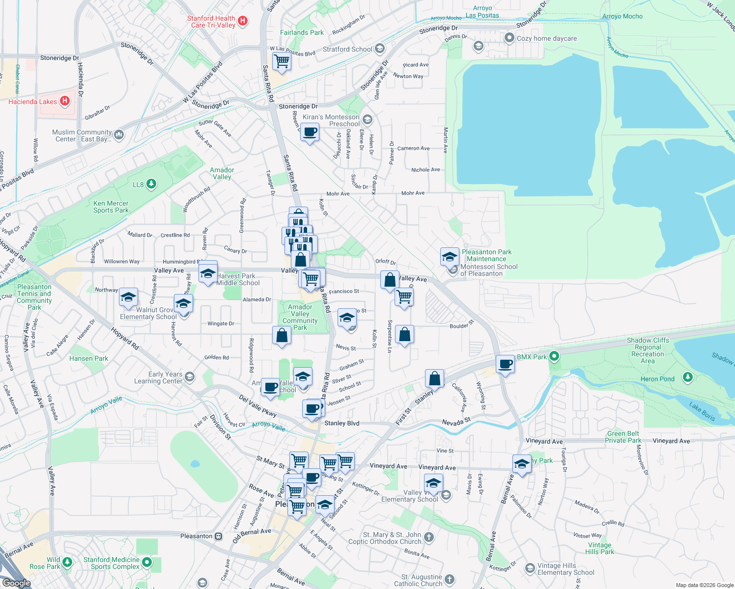 map of restaurants, bars, coffee shops, grocery stores, and more near 4034 Francisco Street in Pleasanton