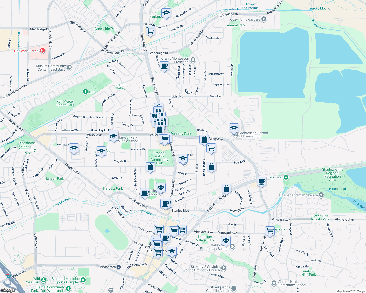 map of restaurants, bars, coffee shops, grocery stores, and more near 4126 Francisco Street in Pleasanton