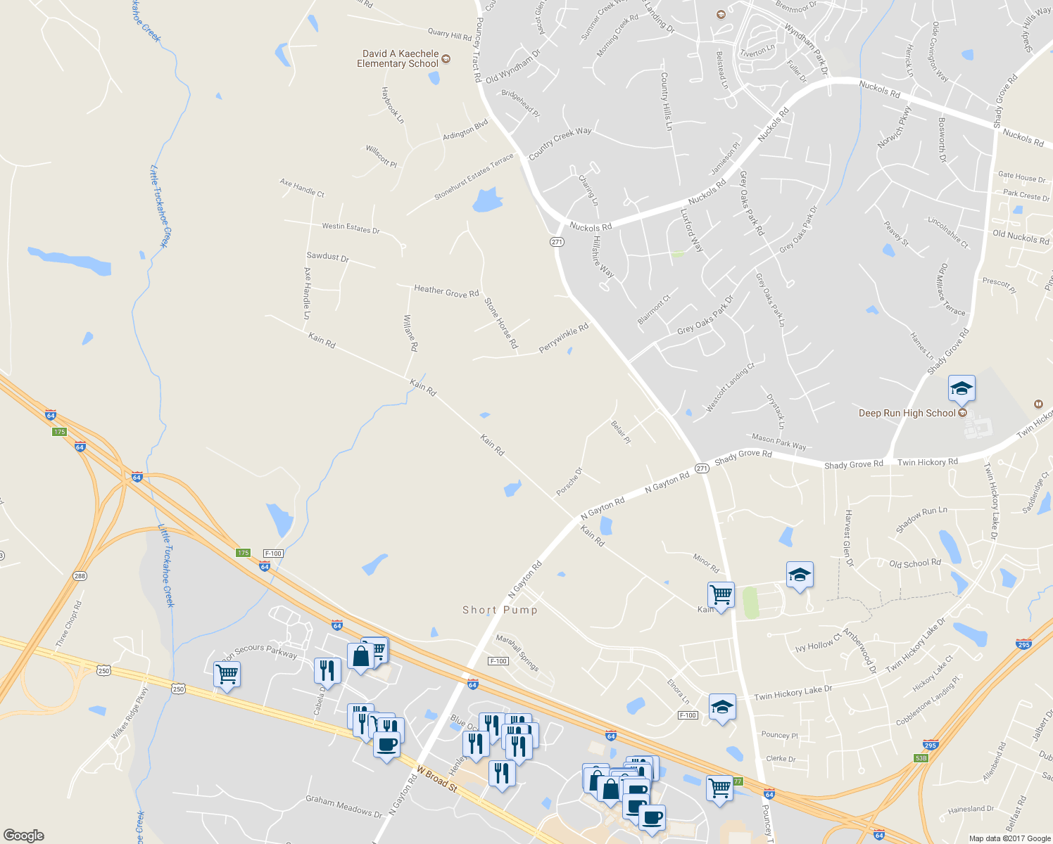 map of restaurants, bars, coffee shops, grocery stores, and more near 12506 Kain Road in Glen Allen