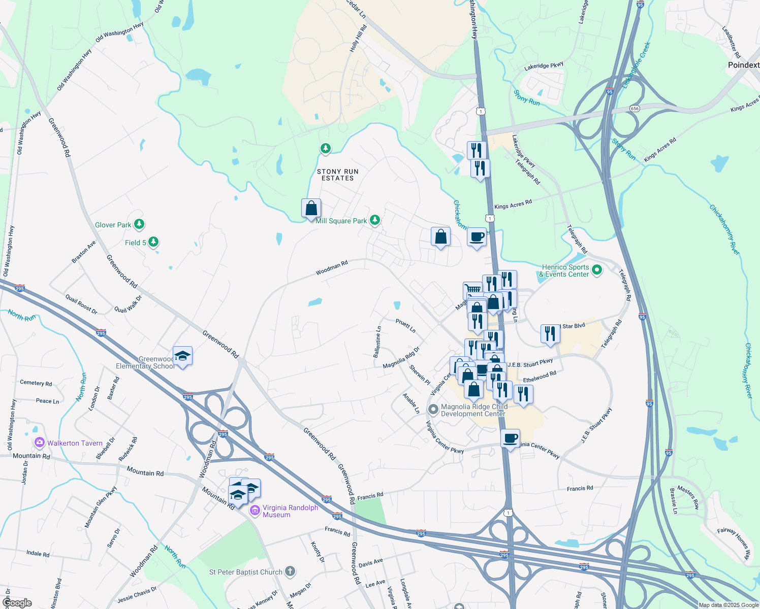 map of restaurants, bars, coffee shops, grocery stores, and more near 2026 Pruett Court in Glen Allen
