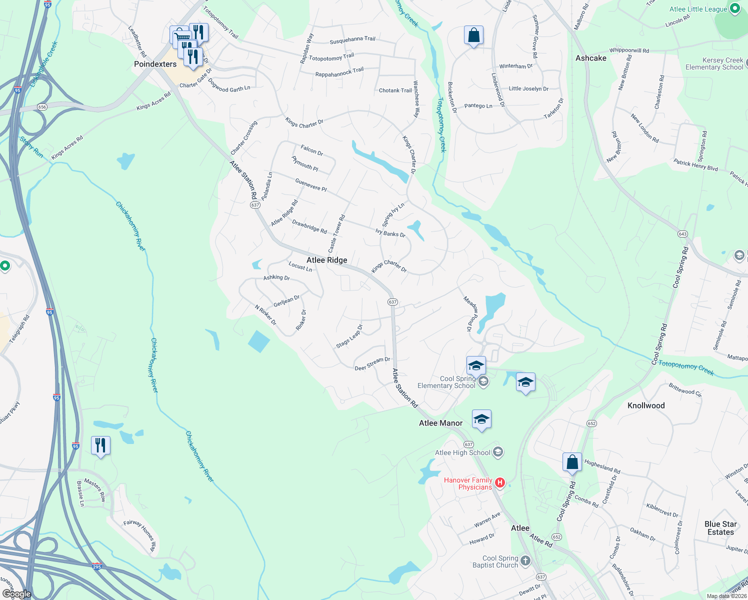 map of restaurants, bars, coffee shops, grocery stores, and more near 10259 Still Creek Ln in Mechanicsville
